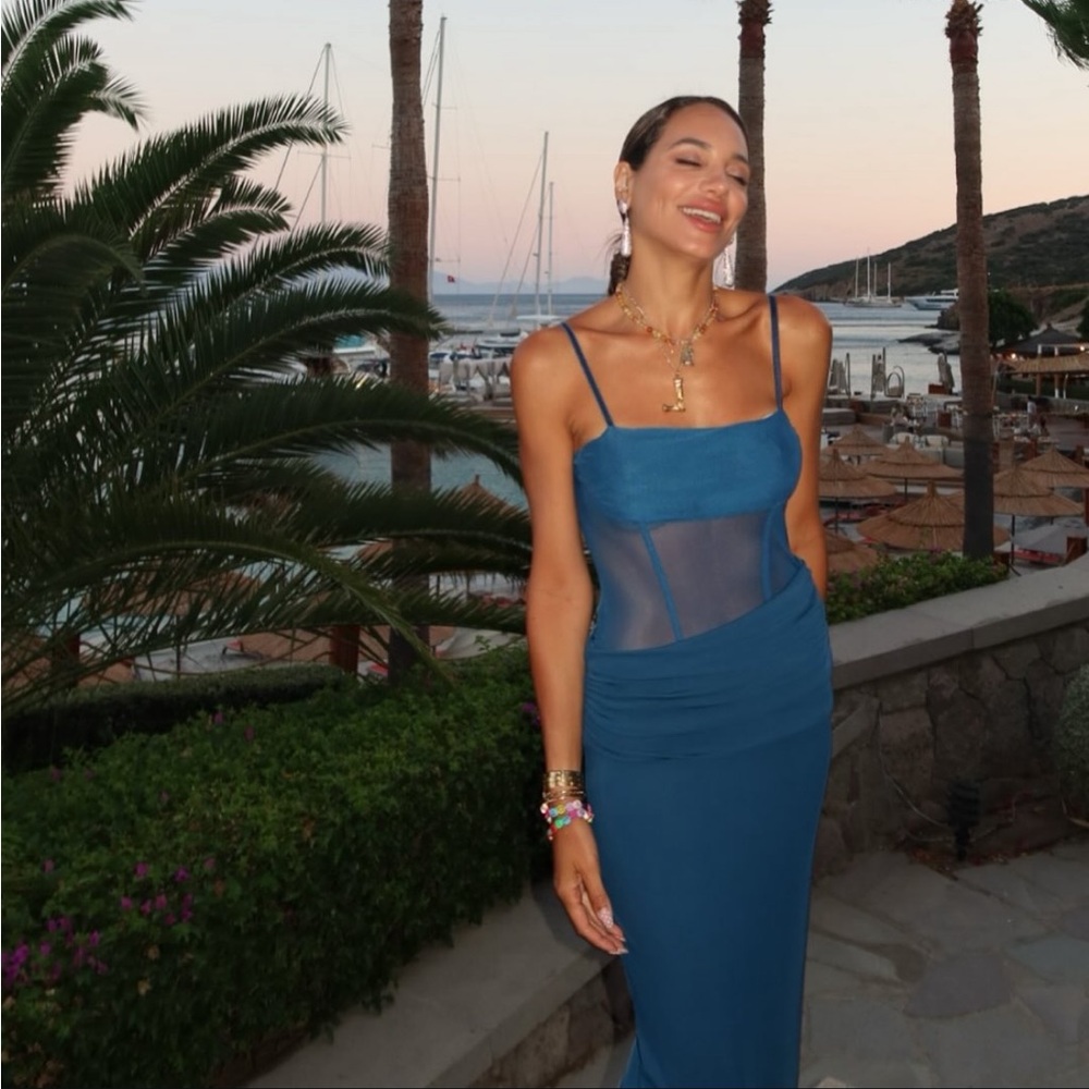 NWT Zara Teal Blue Midi Dress with Sheer Bodice